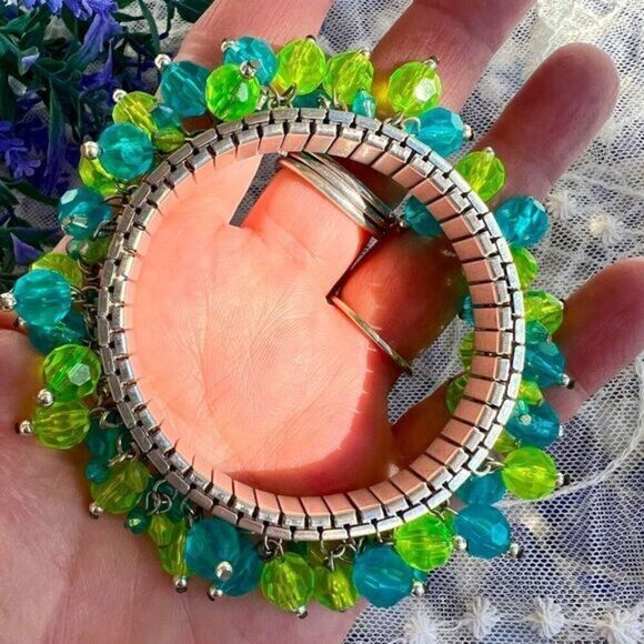 Vintage Jewelry - Vintage Green & Blue Acrylic Bead Watchband Chacha Bangle